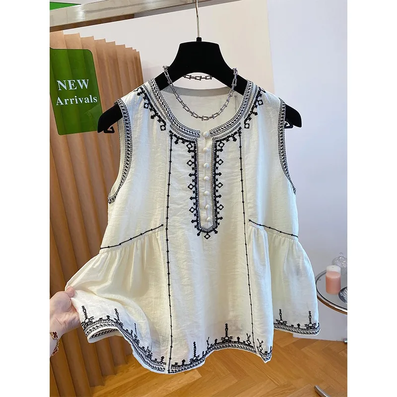 

Summer 2025 Women's New Round Neck Sleeveless Loose Ethnic Embroidered Top