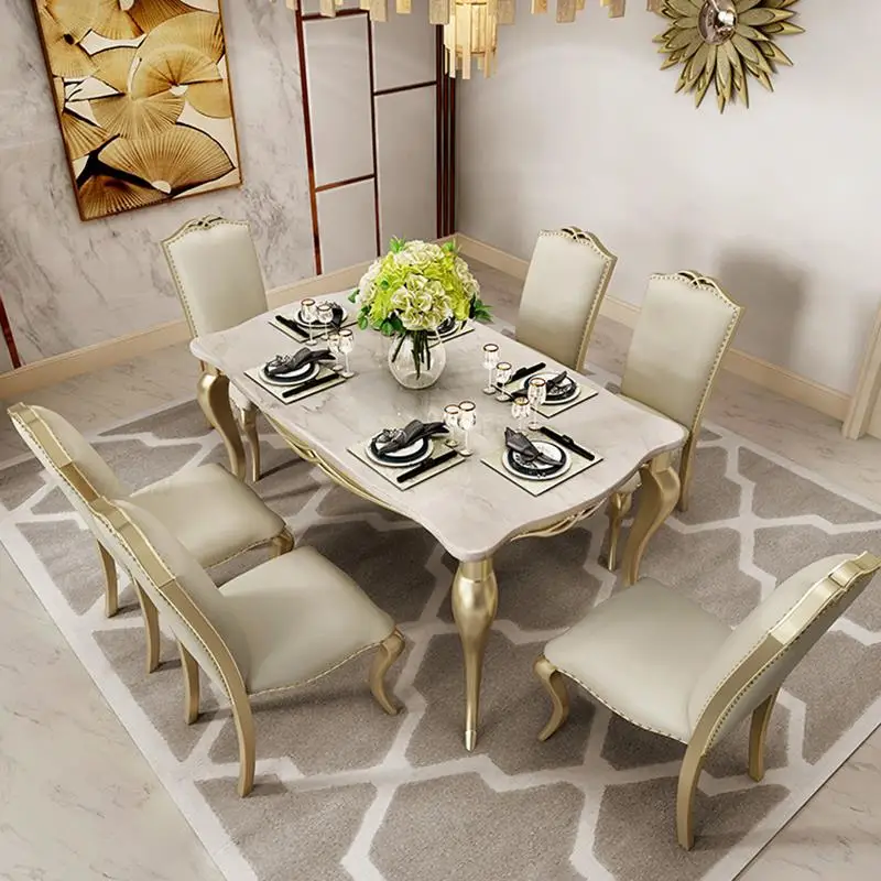 Light Luxury Dining Room Sets Solid Wood Feet Wave Shape Smooth Edges Accent Table With Gold Line American Tables For Kitchen