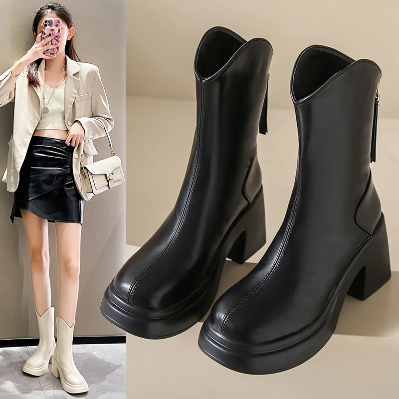 Boots Flat Platform Round Toe Boots-Women Zipper Female Shoes Luxury Designer Clogs Lolita 2024 Rock Rubber Ankle Ladies Fashion