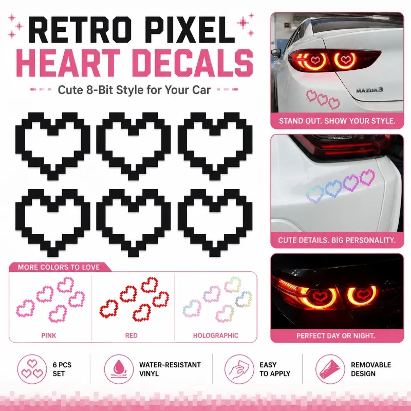 6Pcs Retro Pixel Heart Car Decals, 8-Bit Vinyl Stickers, Waterproof Removable for Tail Lights, Windows & Bumpers, 5 Colors
