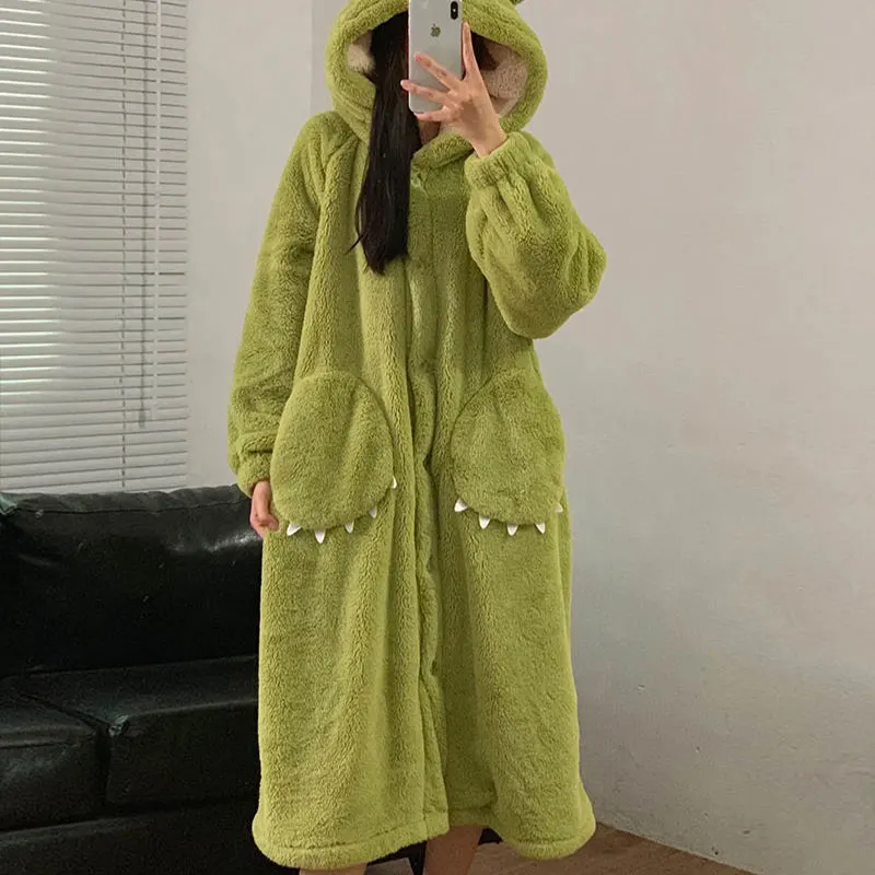 Plus Size Cartoon Long Robe Couple Models Hooded Pajamas Facecloth Bathrobe Autumn and Winter Coral Fleece Robe Women Homewear