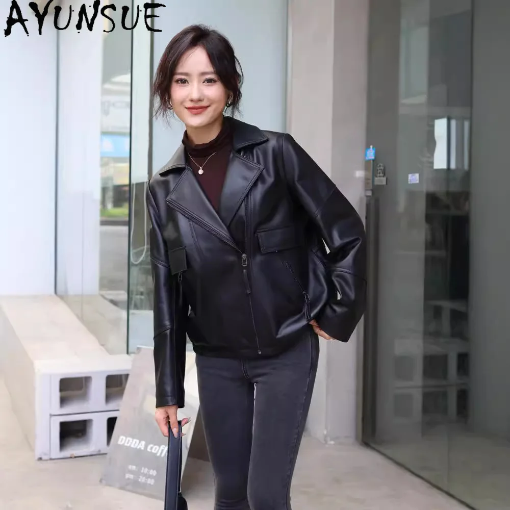 AYUNSUE Schaffell Echt Leder Jacke Frauen 2025, Schwarz Motorrad Mantel Frühling Herbst Kleidung Frauen Lose Fit Jaqueta De Couro