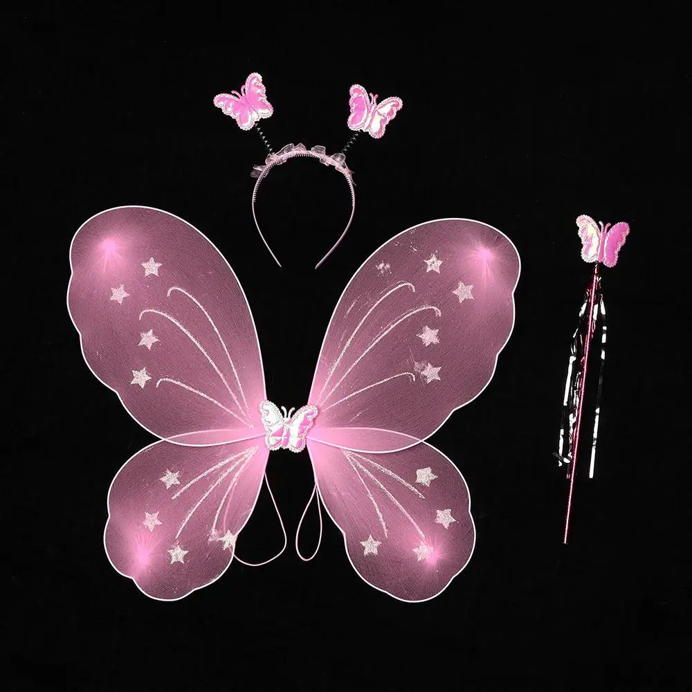 Kids Butterfly Fairy Wings and Wand Princess Headband Wings Wand Girls Summer Photography Outfit Children Fairy Tale Props