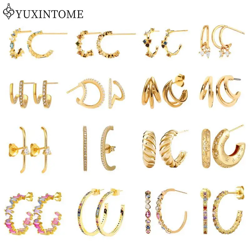 

Women 925 Sterling Silver Ear Needle Big C Hoop Stud Earrings Exquisite Crystal Colored Zircon Gold Fashion Party Huggie Jewelry