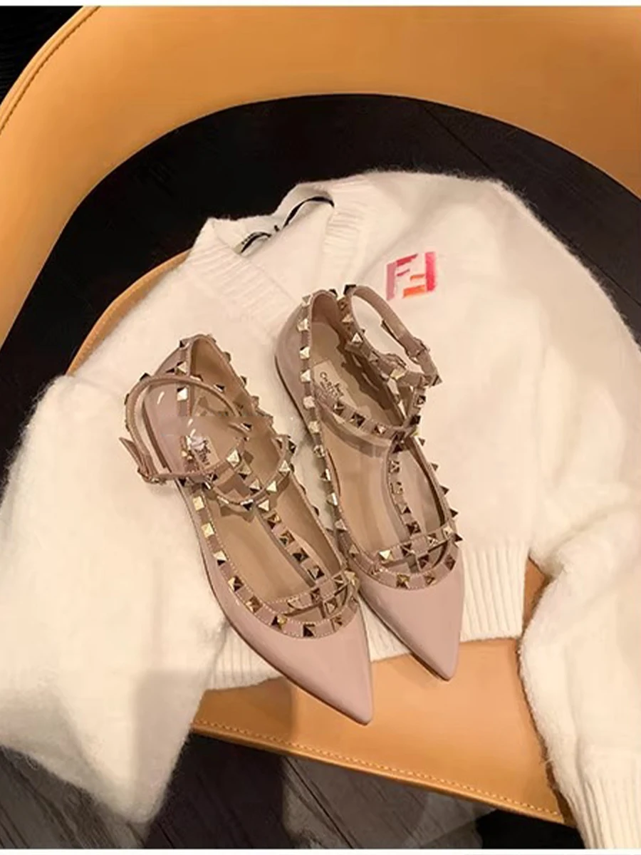 

Genuine Leather Rivet Embellied Flat Bot oes Women's Spring Summer New Sle Pointed Toe Strap Bule Faion Single S...