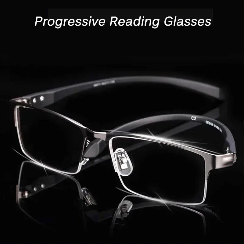 Progressive Multifokale Photochrome Lesebrille Anti-blau Licht Weit Anblick Gläser Männer Halb Rahmen Business Presbyopie Brille – Detail 12
