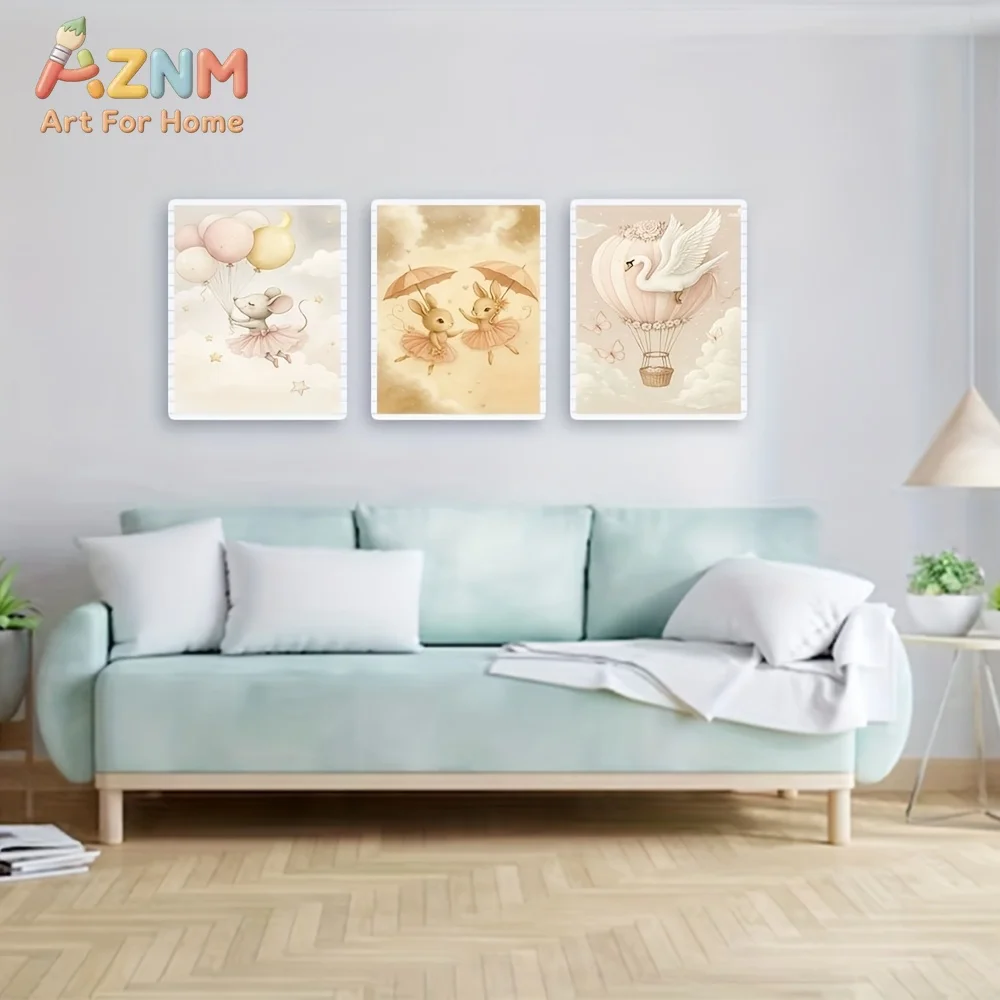 AZNM Ballerina Animal Canvas Wall Art Mouse Rabbit Swan Hot Air Balloon Cloud Frameless Canvas Painting Nursery Girls Room Home