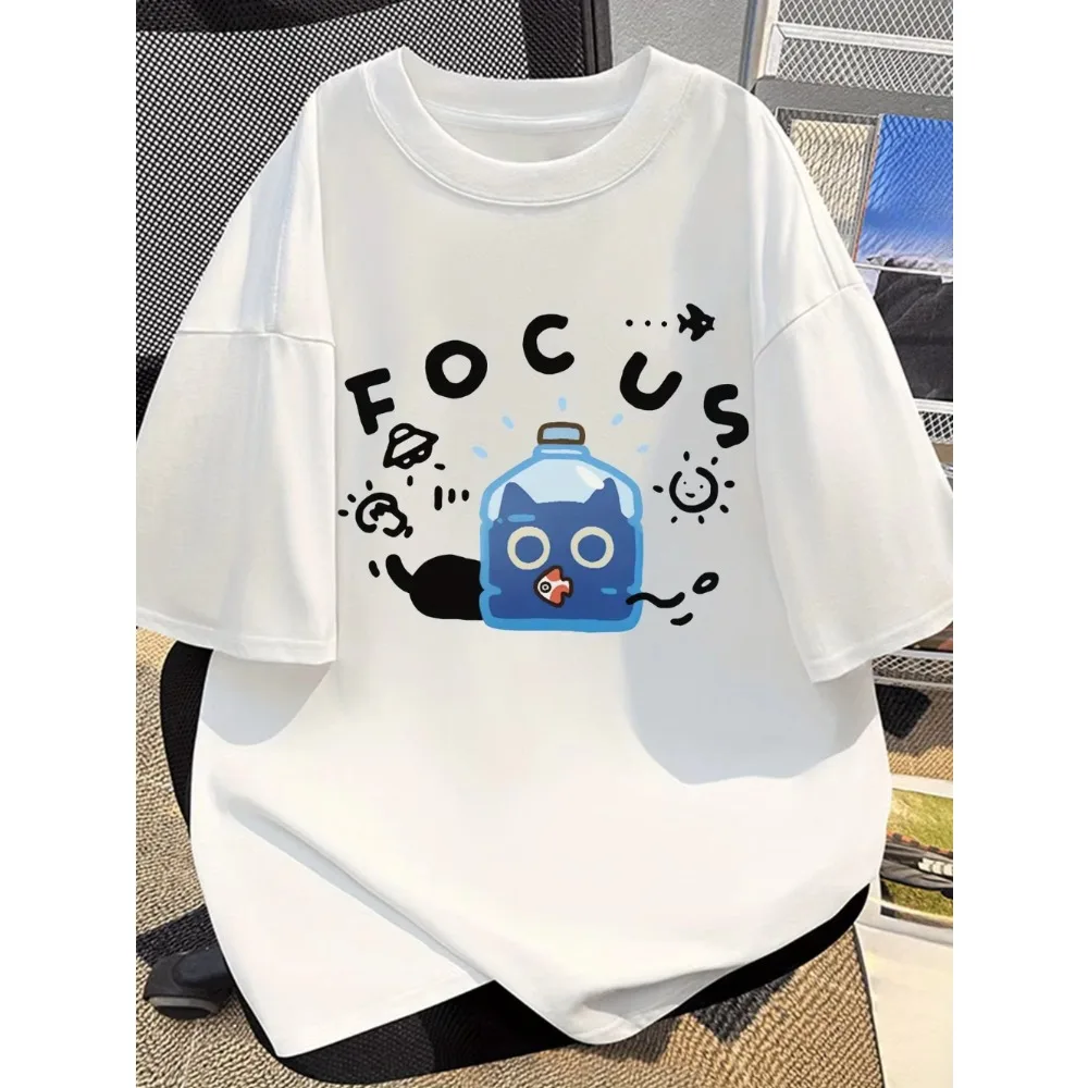 Harajuku Style Cat T-Shirt Funny Animal Graphic Tee FOCUS Letter Printed Streetwear Casual Loose Fit Summer Top for Men Women