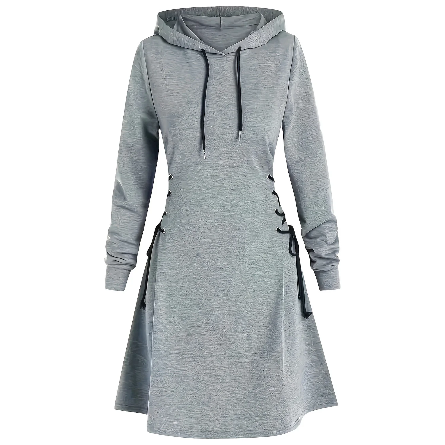 Solid Color Fitted Long Sleeved Dress Spring Autumn New Women's Clothing Hooded Casual Fashion Drawstring Hoodie Dresses