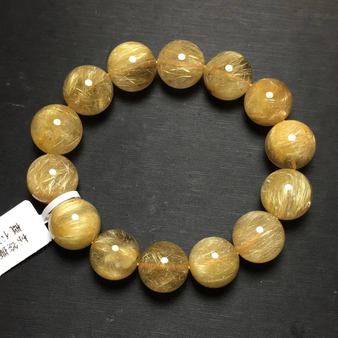 Natural Gold Rutilated Quartz Clear Round Beads Bracelet Big Size 15mm Women Men Fashion Big Size Bead Wealthy Stone AAAAAAA