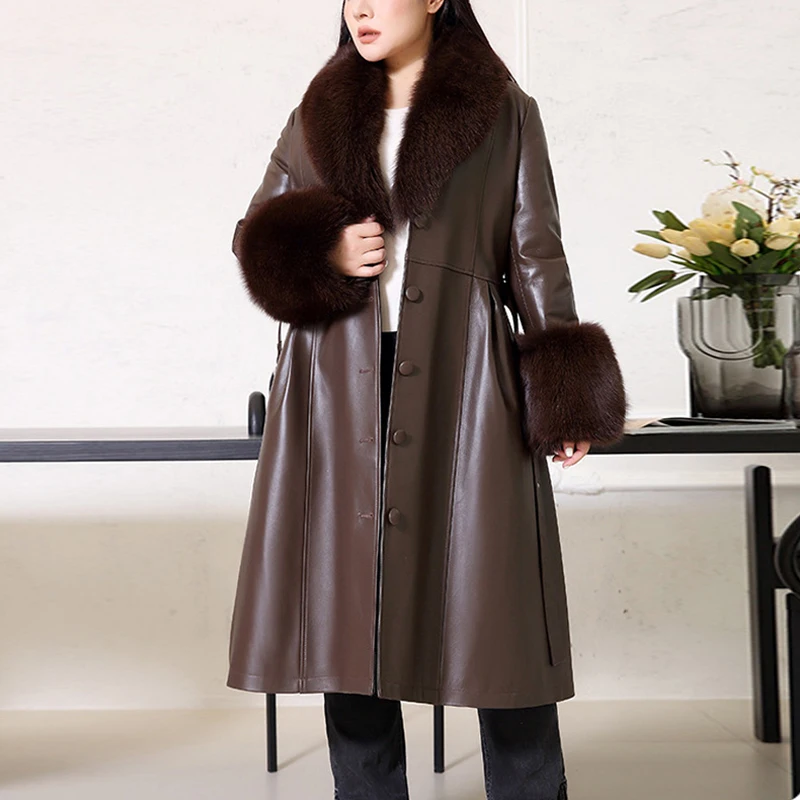 2025 herbst Winter Lange Echt Leder Trenchcoat für Frauen Mode Natürliche Fuchs Pelz Kragen & Manschette Dame Schlank Warme Schaffell mantel