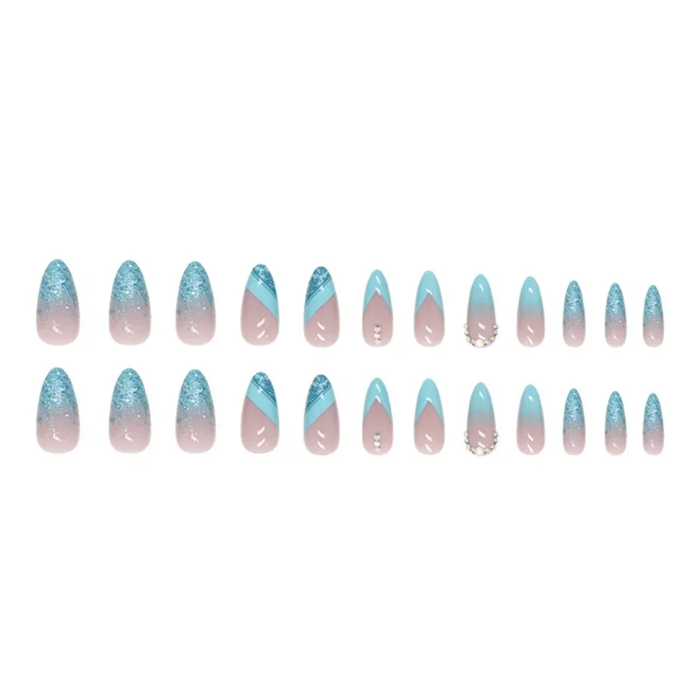 24Pcs Almond Nail Blue Diamond Glitter Nail Art Fake Nails Artificial Acrylic Full Coverage False Nail Removable Press on Nails