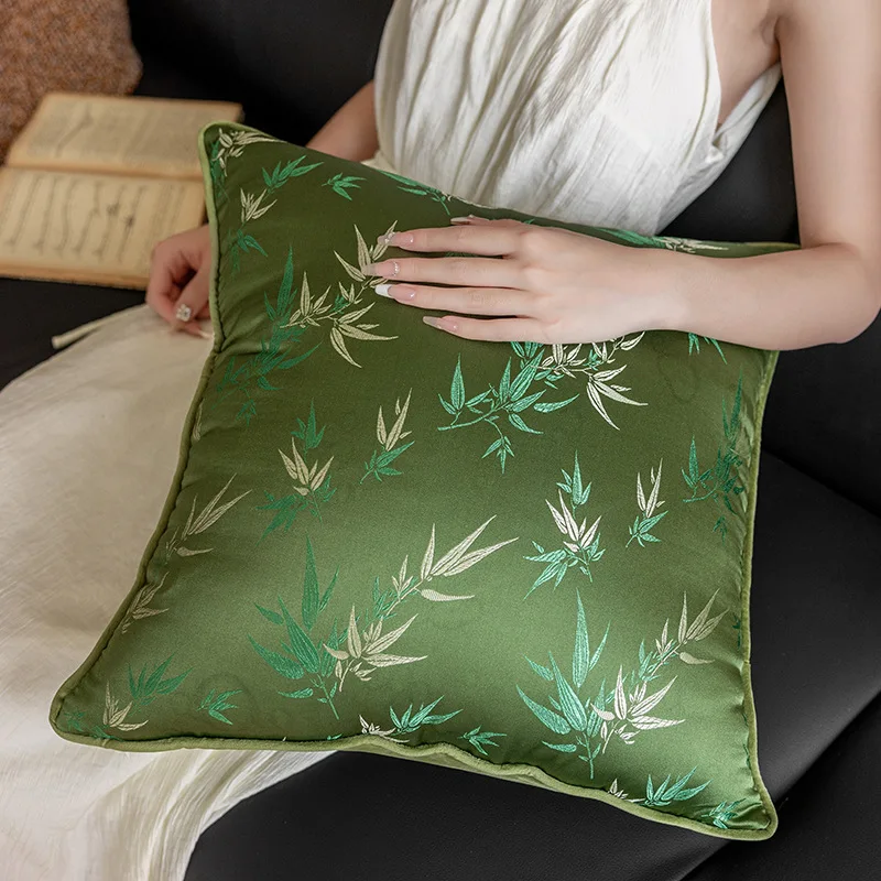Chinese Style Green Bamboo Throw Pillow, Vintage Light Luxury Lumbar Pillow for Round Back Chair, Decorative Back Cushion for Ma