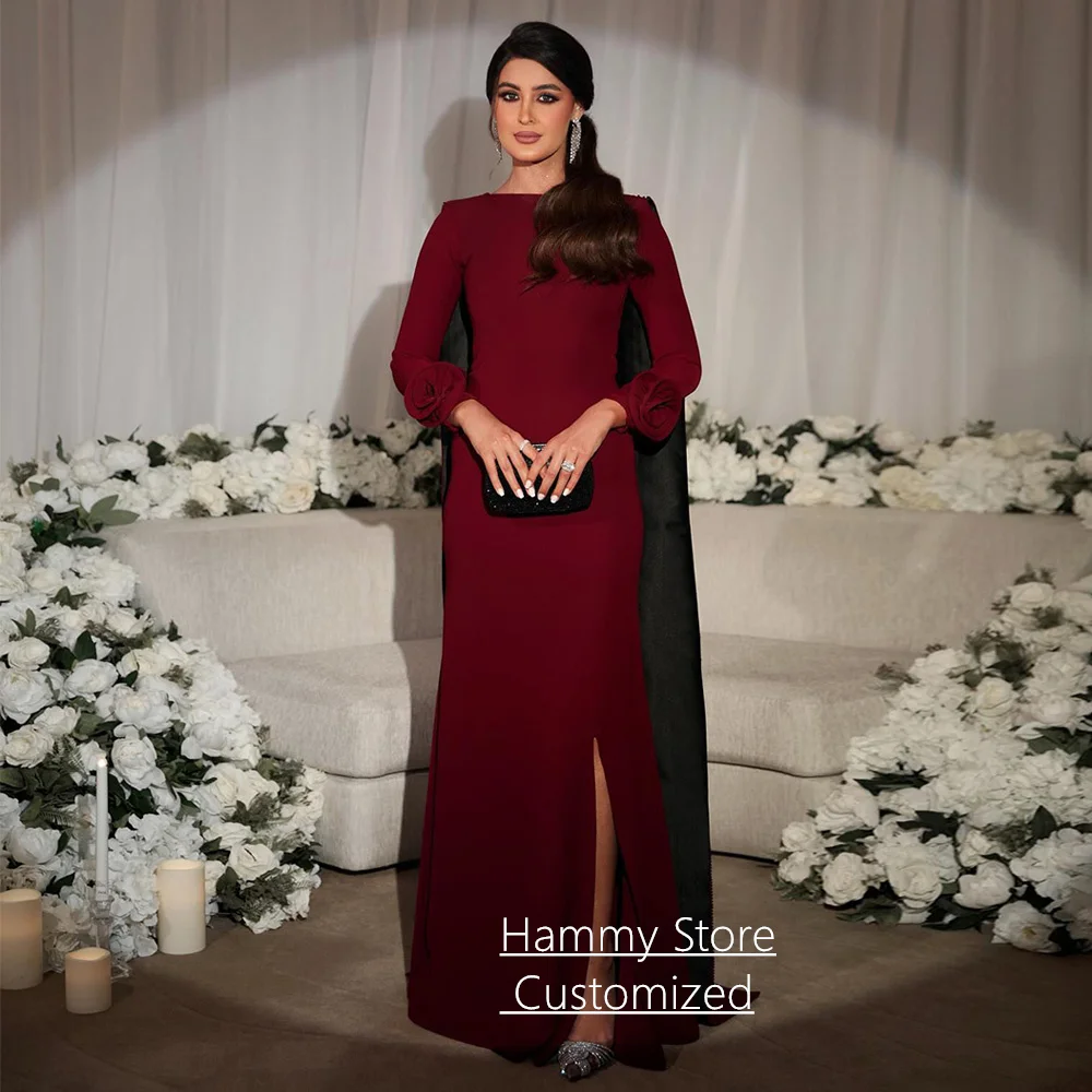 Customized Prom Dress Elegant Round Neck Long Sleeves Flowers Heavy Beading Stones Side Slit Arabian Evening Party Gown