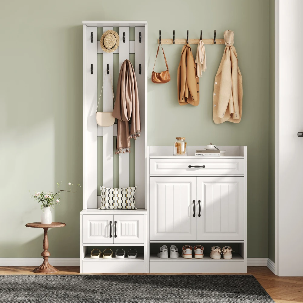 PINGGO Garderobenset, Wandschrank mit Schuhregal, 8 Haken, 4 Türen, 1 Schublade, weiße Flurmöbel, 125 x 36 x 190 cm – Detail 3