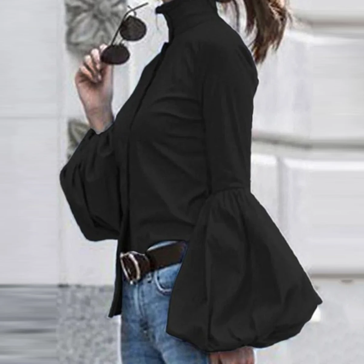 Uoozee Black White Color Stand Collar Blouse Women 2024 New Spring Fashion Puff Sleeves Urban Casual Office Commute Shirts Tops