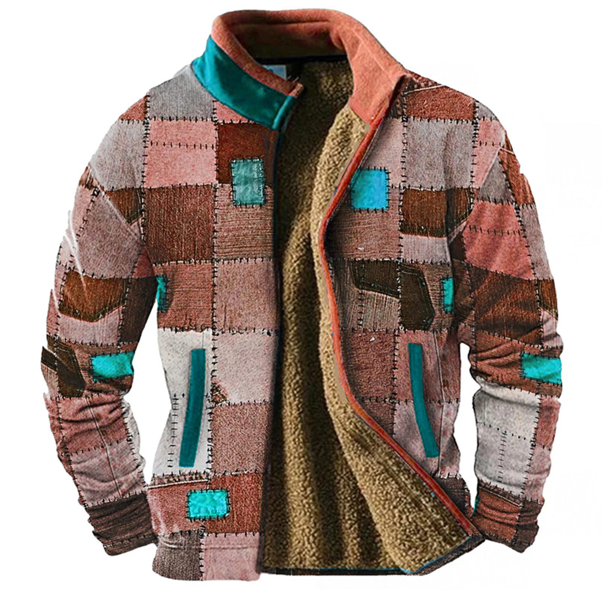 Graphic Tribe Men\'s daily zipper thickened coat Holiday Holiday Outing Zipper shirt Blue brown stand collar fleece winter design