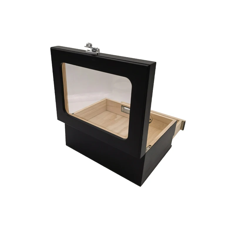 Black Desktop Cedar Wood Humidor Cigar Box Combination Lock Features with Front Hygrometer