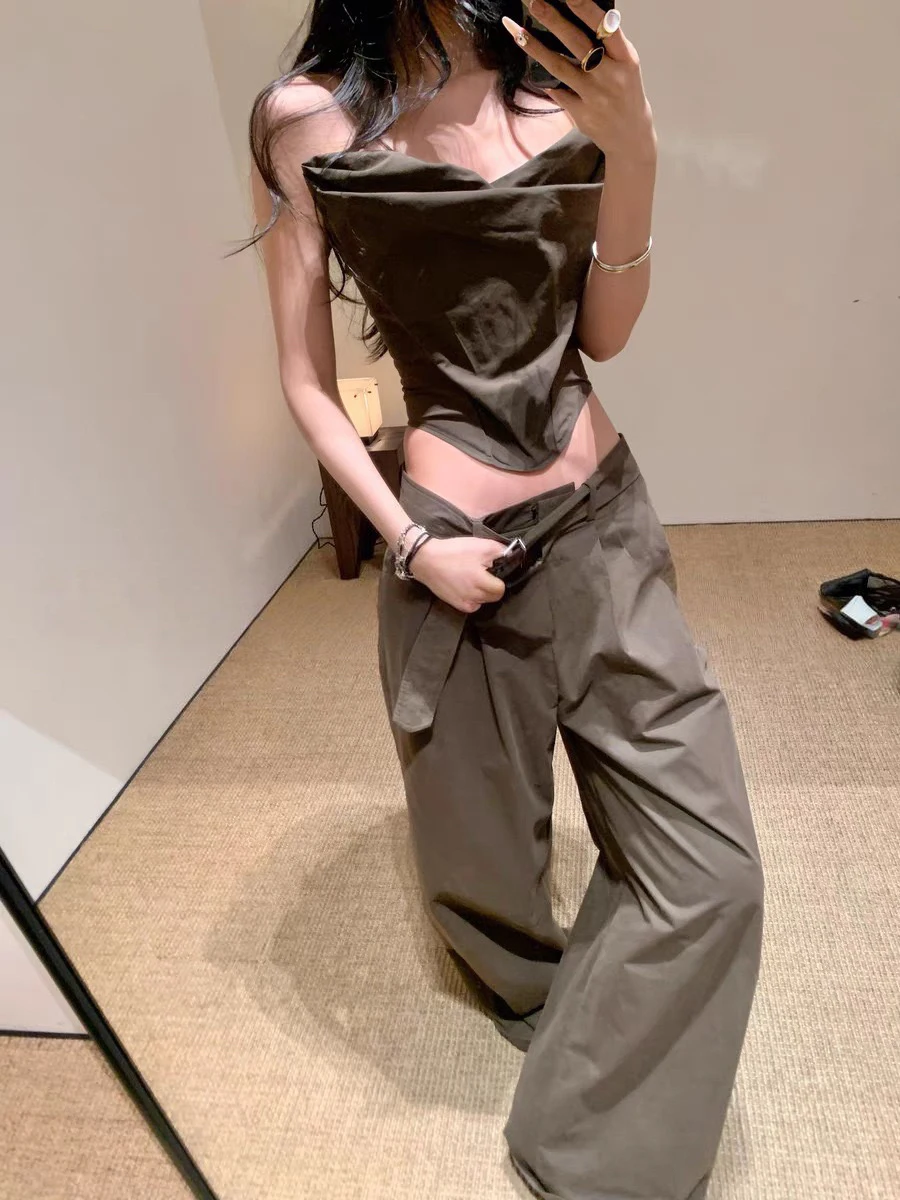 TWOTWINSTYLE 솔리드 투피스 세트 여성용 Strapless 민소매 탑 하이 웨이스트 루즈 캐주얼 와이드 레그 팬츠 Femle Fashion Style