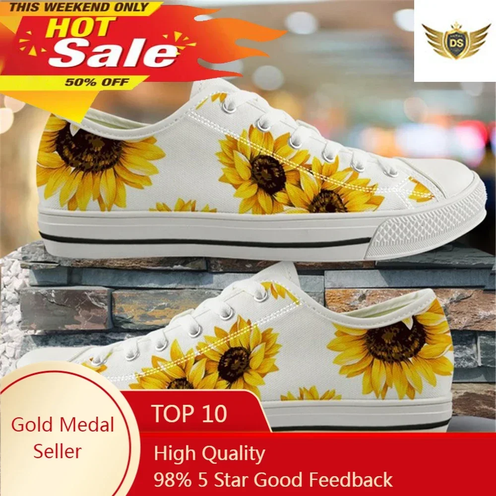 Sneakers For Woman Beautiful Yellow Flower Sunflower Low Top White & Black Canvas Shoes Designer Lady Shoes Zapatos Para Mujeres