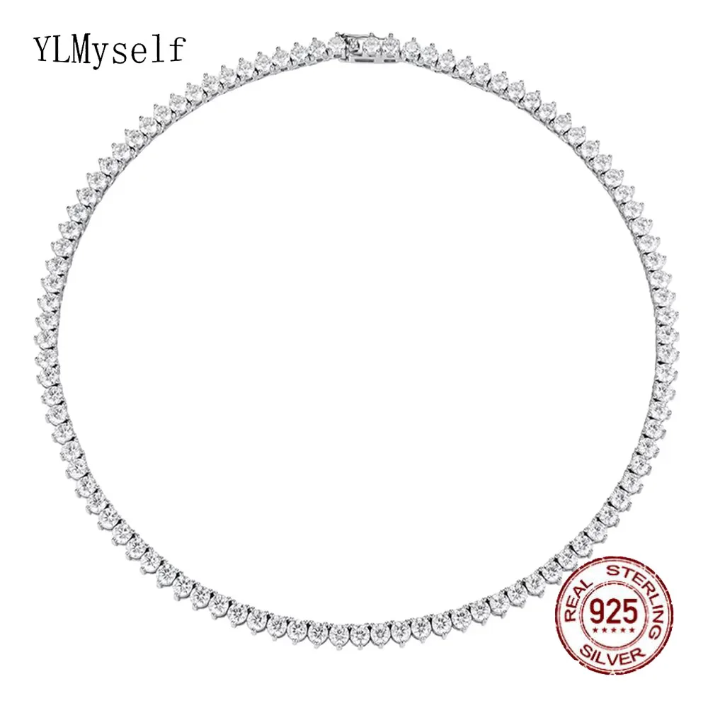 YLMyself 925 Sterling Silver Tennis Chain 3mm 5A Cubic Zirconia 3-Prong Pavé Necklace 15-20in 38-50cm Elegant Jewelry Gift