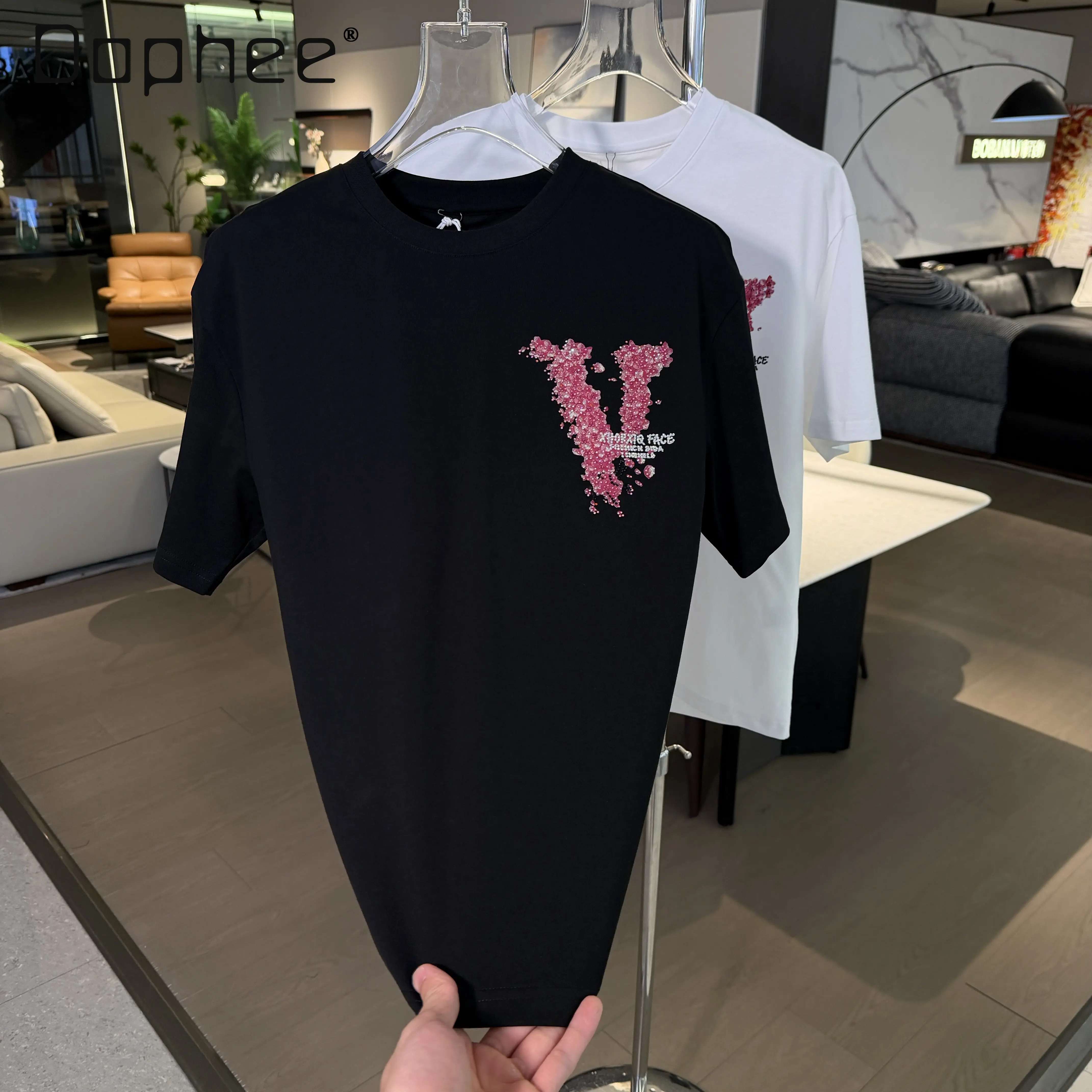 

Summer New American Street Style Men's Black White Letter Cherry Blossom Rhinestone Loose Casual Round Neck Short Sleeve T-shirt
