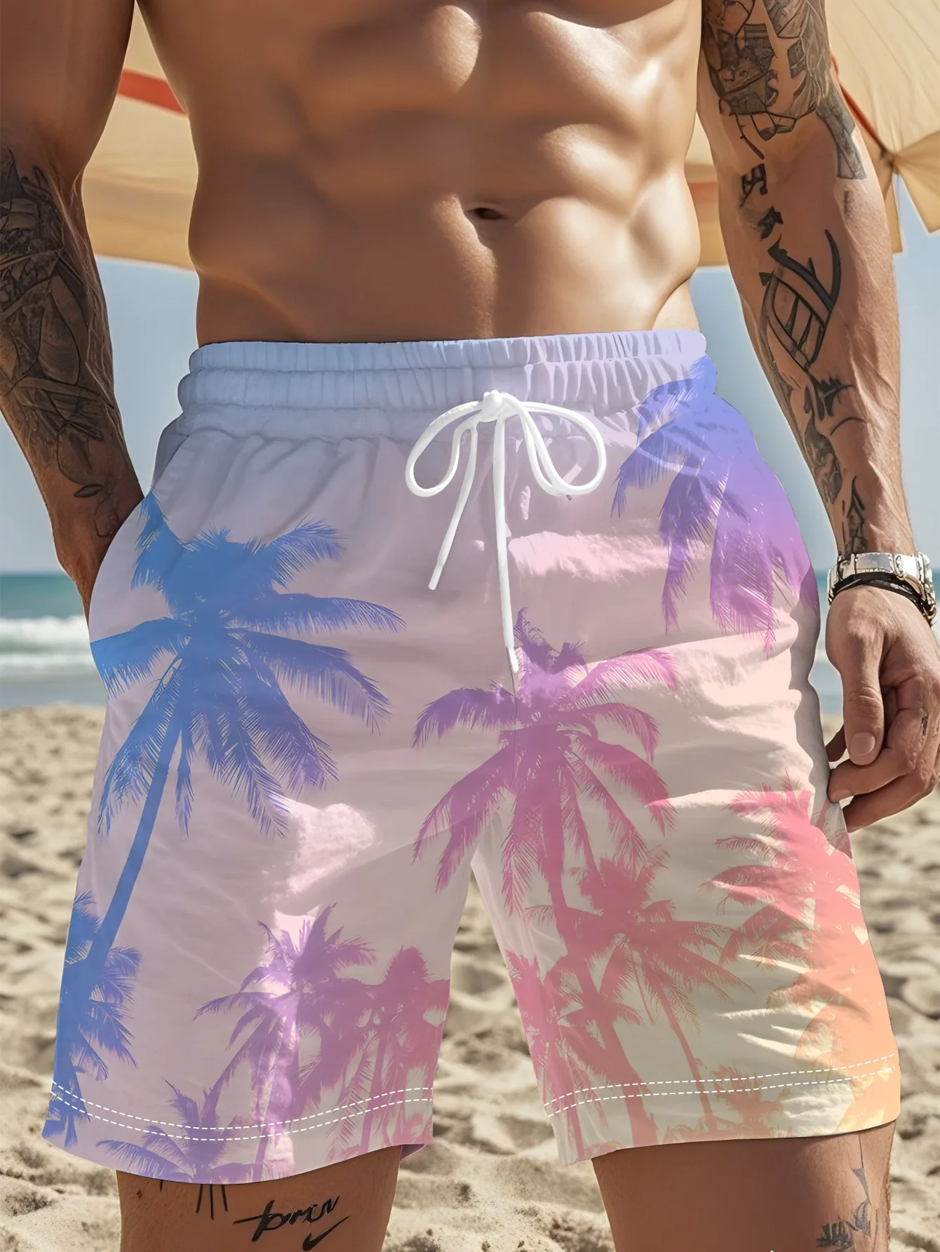 

Men's Summer Quick Dry Swim Shorts, Pastel Gradient Palm Tree Print Drawstring Beach Board Shorts with Pockets