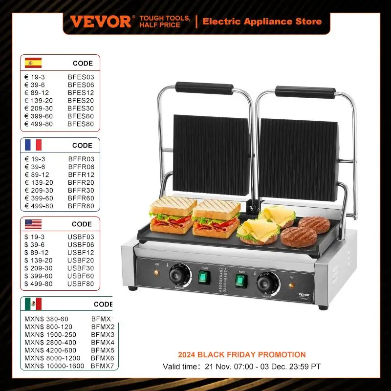 VEVOR Commercial Panini Grill 3600W Electric Sandwich Panini Maker with Temp Control And 19