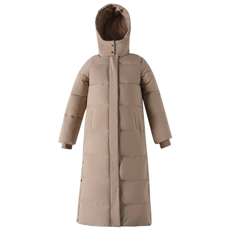 New Long Hooded Padded Coat Women Full Length Quilted Snap Placket Side Pockets Oversize Solid Warm Fall Winter Trendy