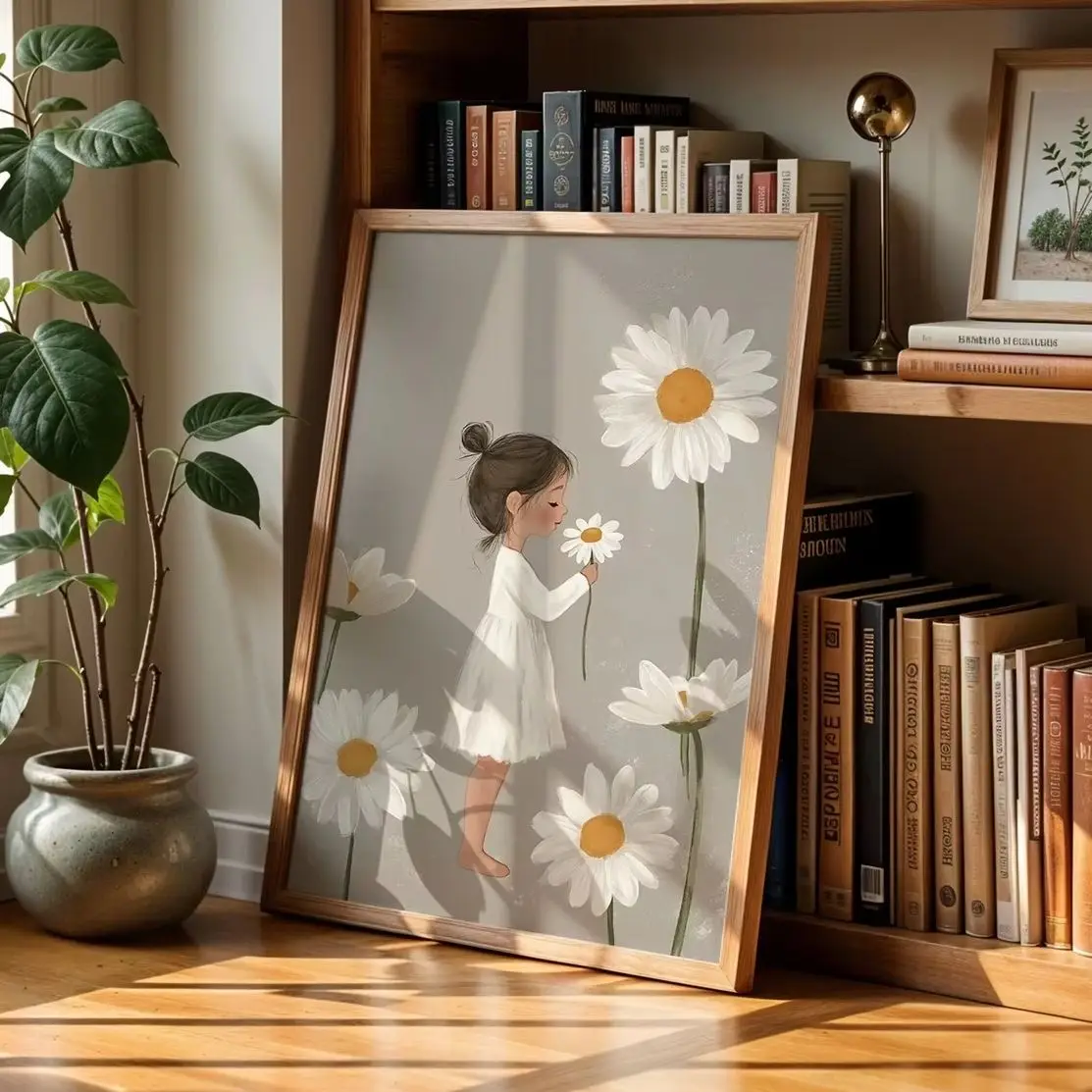 Moderne, retro Wandkunst mit einem kleinen Mädchen im weißen Kleid, Kunstdruck auf Leinwand, Poster, Bild für Wohnzimmer, Schlafzimmer, Heimdekoration