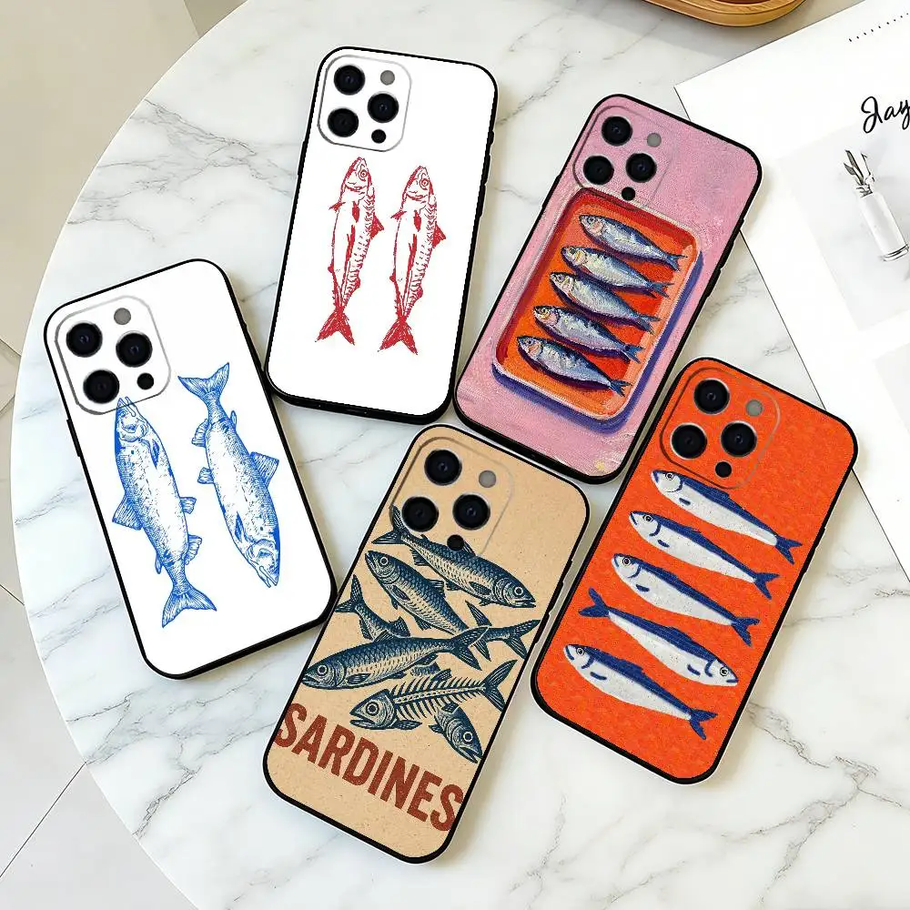 

Sardines Fish Art Phone Case For iPhone 17,16,15,14,13,12,11 Plus,Pro Max,XS,Soft Silicone Black Cover