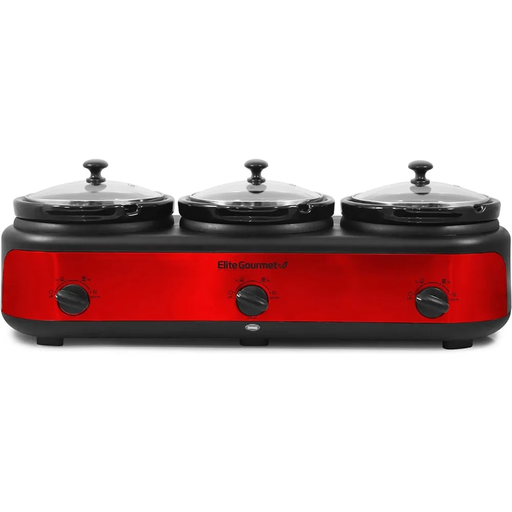 

Triple Slow Cooker Buffet Server Adjustable Temp Dishwasher-Safe Oval Ceramic Pots, Lid Rests, 3 x 2.5 Qt Capacity, Red