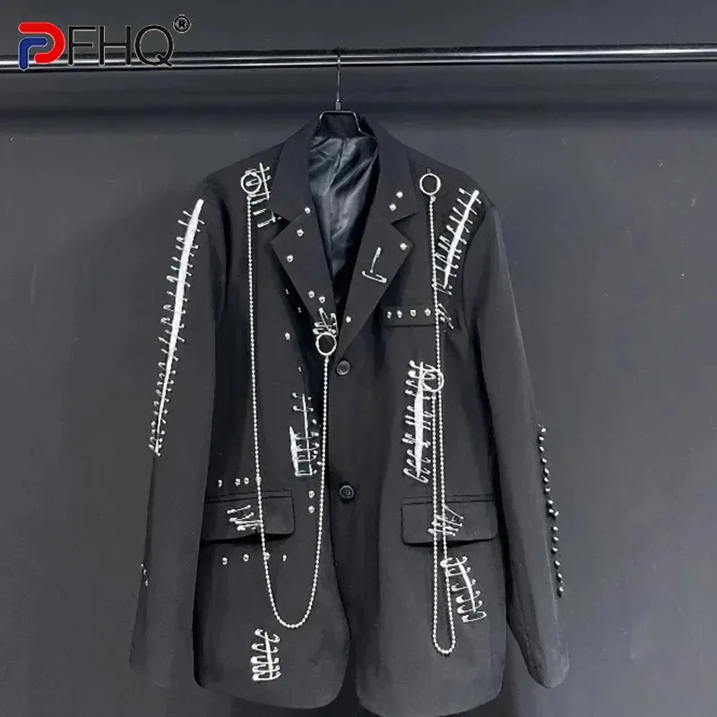 PFHQ Solid Color Long Sleeve Metal Chain Causal Blazers For Men Single Breasted Men's Rivet Coat 2023 Summer New Tide 21F4067