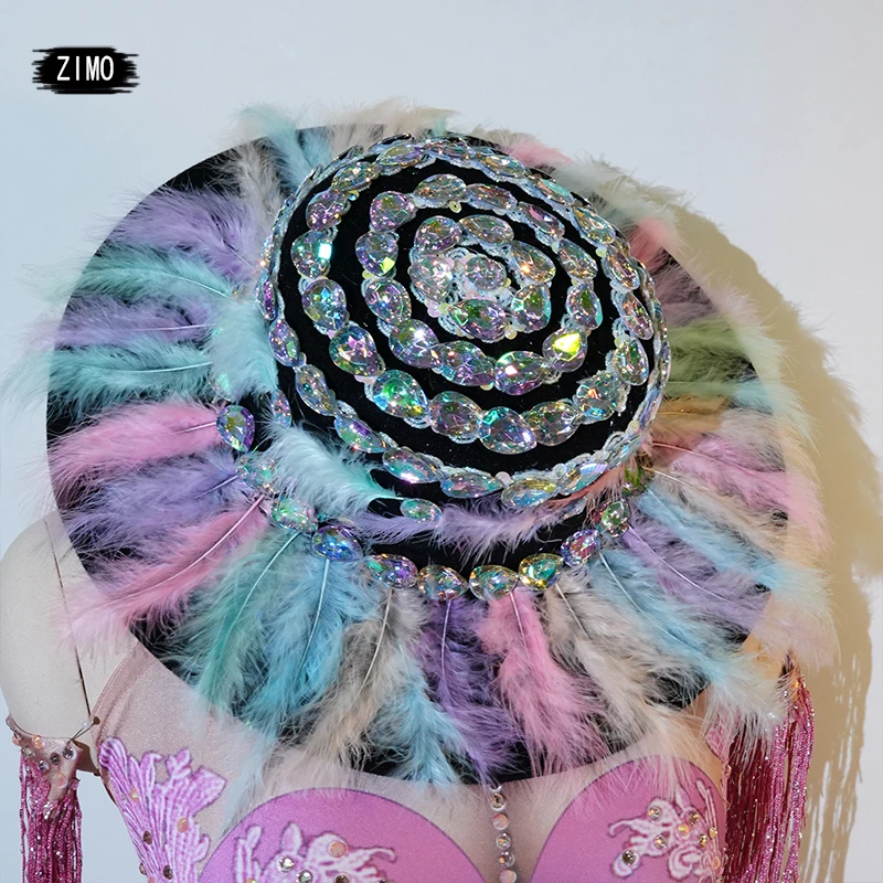 

Sparkling Big rhinestones hat colorful feather Hats fashion Party DS Prom Hat Dancer Singer Stage Accessories top performance