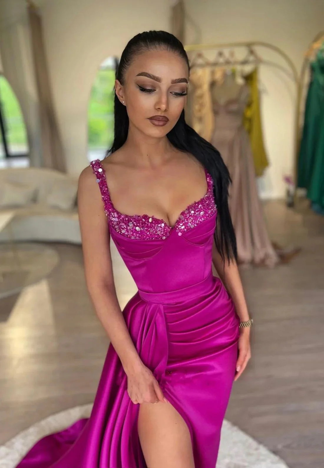 Fuchsia Prom Dresses Mermaid Spaghetti Strap Beaded Sequined Stretchy Satin with Slit Evening Gowns Formal Party Custom made