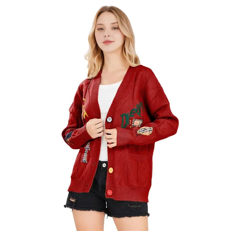 

ABRT-Women's Cable Knit Long Sleeve Open Front Cardigan Sheep V-Neck Button Down Sweater Coat Outwear Red XL