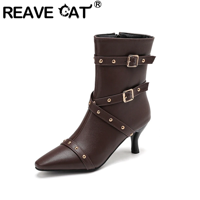 

REAVE CAT New Punk Ankle Boots Buckles Rivets Pointed Toe 7CM Stileto Heels Zipper Faux Leather Plus Size 41 42 43 Fashion Slim