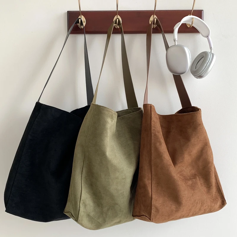 Korean Large Capacity Casual Bags For Women Luxury Designer Handbags Purses 2023 New In PU Vintage Faux Suede Abrasive Shoulder