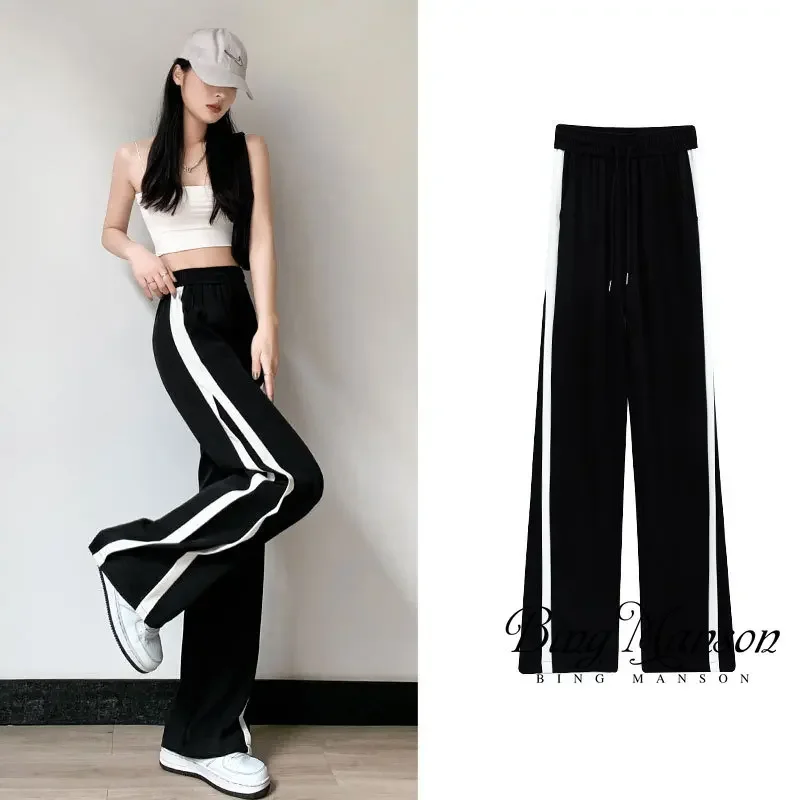 

New Spring and Autumn Korean Black Sports Pants Women's Heart Shaped Print High Waist Street Suit Harajuku Wide Leg Pants Casual