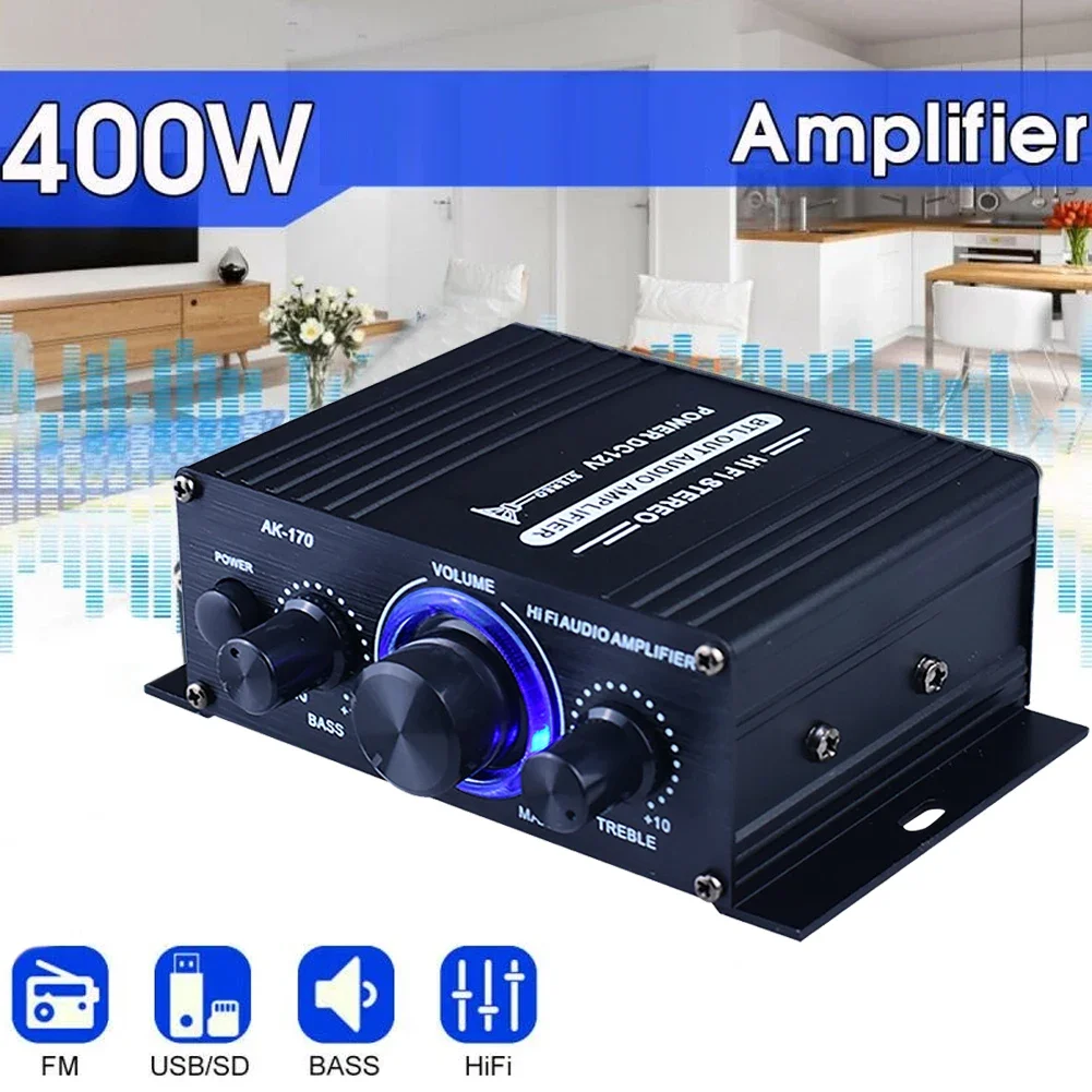 AK170 400W 12V Home Car Hifi Power Amplifier Stereo Bass Audio Amp Speaker 2 Channel Bluetooth 5.0 Car Home Sound Power Amp