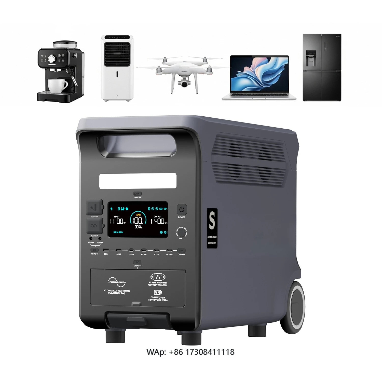 Q3600 UPS Portable Power Station 3840wh Lifepo4 for Whole House Car Controller Flashlight Feature