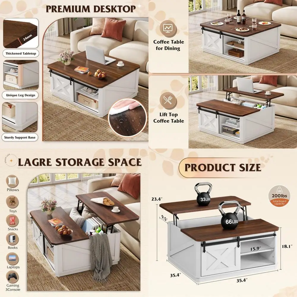 

Белый квадратный журнальный столик в деревенском стиле с раздвижной дверцей-амбаром для хранения, высота 35,5 дюймов, для гостиной