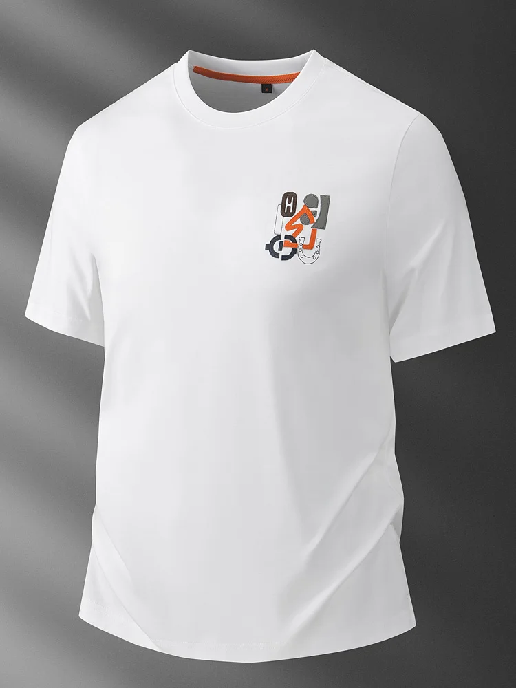  Summer Lightweight 100% Cotton Short Sleeve T-Shirt Men's Slim Fit High End Embroidery Casual round Neck Half Sleeve