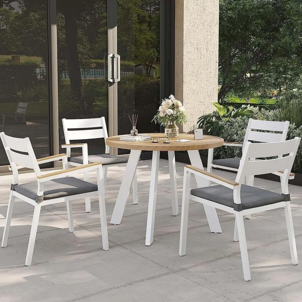 

5 Piece Outdoor Dining Set, Aluminum Patio Furniture Dining Table and Stackable Chairs Set for 4 People, Wood Grain Tablet