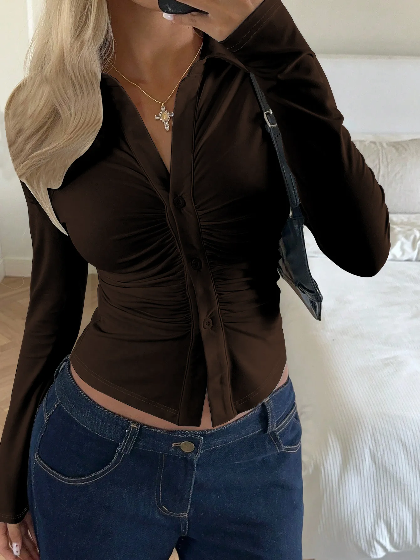 

2026 New Women Fashion Elegant Design Casual Solid Color Slim Fit Long Sleeve Button Down Lapel Shirt