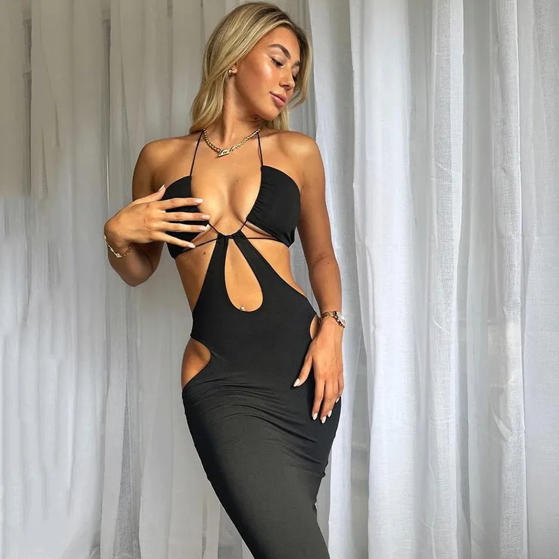 Women Sexy Women Summer Fashion Black Sleeveless Strap Backless Hollow Out Split Long Dress Halter Streetwear Elegant Party Club