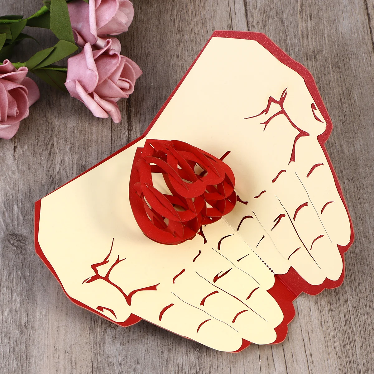 

3D Greeting Cards Love in Hand Handmade Wish Kirigami Paper Craft for Mother's Day Red Special Surprise Greeting for Mom