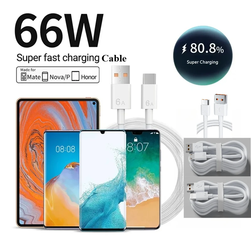 6A 66W Super Fast Charger Type C Cable for Huawei Mate 40 50 60 P50 P60 Nova 8 9 10 Honor 50 70 90 100 200 Lite X7 X8 X9 Magic 5