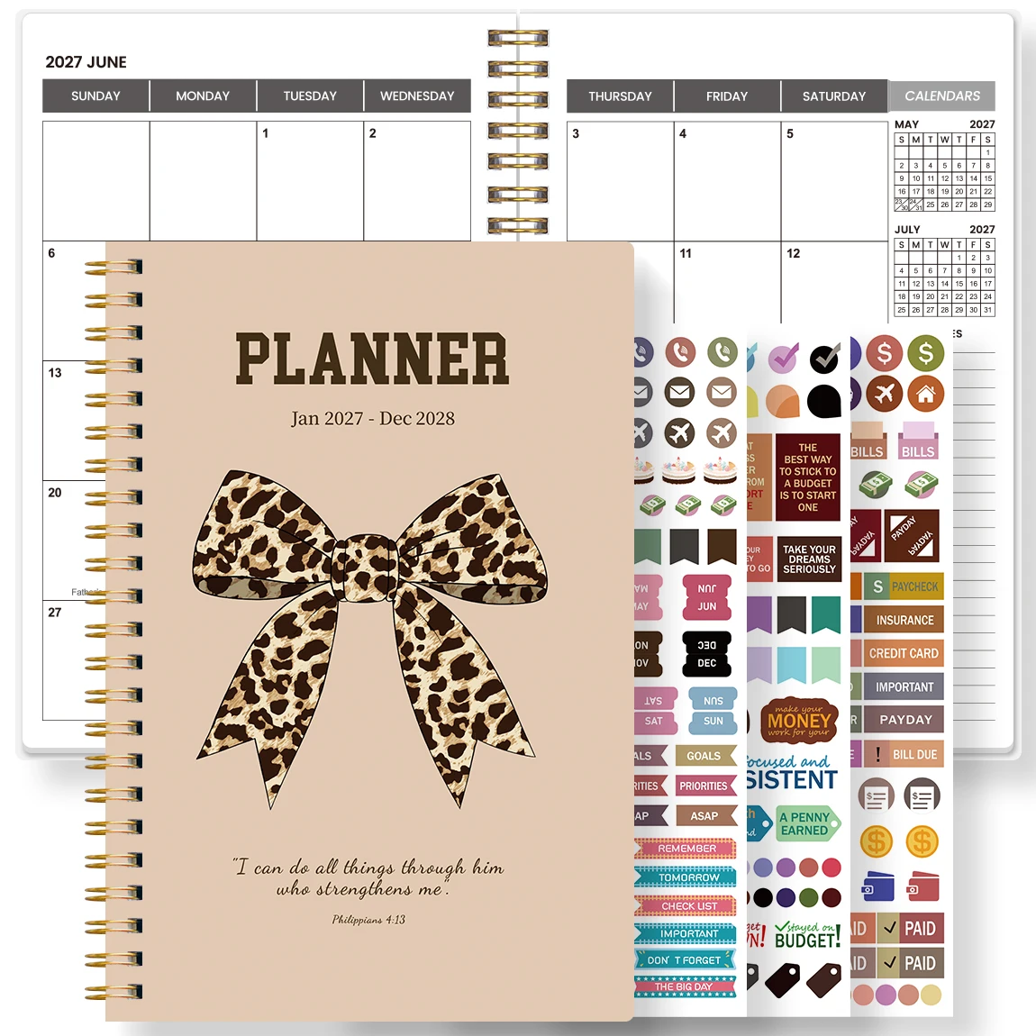 1PC 2027-2028 A5 Monthly Planner Notebook with Stickers, Beige Leopard Bow Spiral Organizer for Work, School & Daily Planning