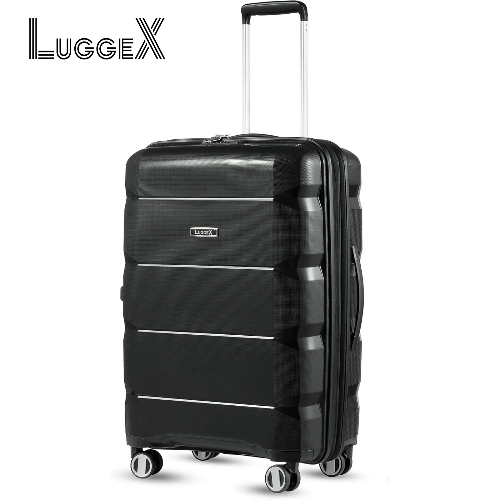 Luggex-ホイール付きの拡張可能な荷物、旅行用のpp軽量スーツケース、黒、24インチ、チェック済み、中